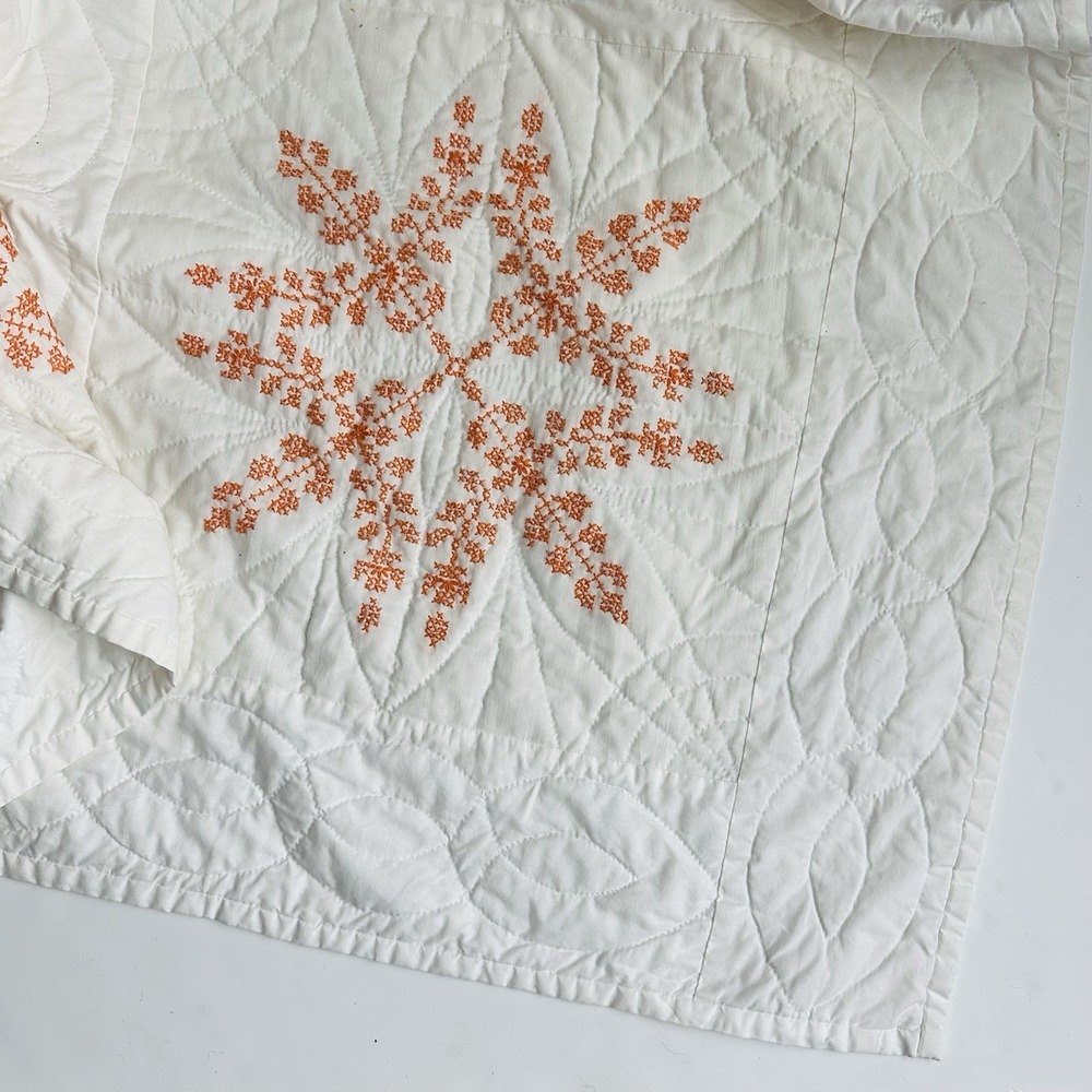 Vintage Handmade Cross Stitch Lap Quilt 70" X 49" White Orange Machine Quilted